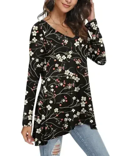 POPYOUNG Women's Long Sleeve Tunic Tops Fall Shirts to Wear with Leggings Loose Fit Dressy V-Neck Blouse M-5XL - MODAZONE (1)