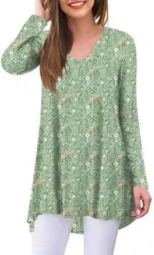 POPYOUNG Women's Long Sleeve Tunic Tops Fall Shirts to Wear with Leggings Loose Fit Dressy V-Neck Blouse M-5XL - MODAZONE