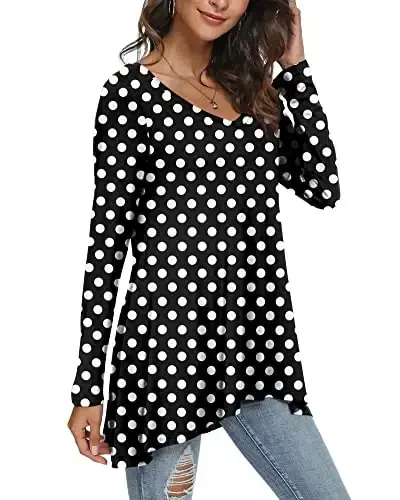 POPYOUNG Women's Long Sleeve Tunic Tops Fall Shirts to Wear with Leggings Loose Fit Dressy V-Neck Blouse M-5XL - 2