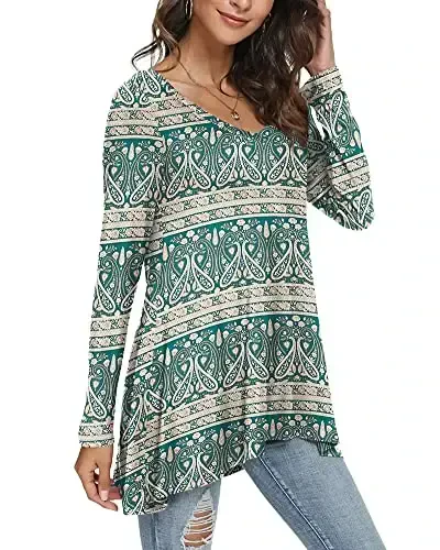 POPYOUNG Women's Long Sleeve Tunic Tops Fall Shirts to Wear with Leggings Loose Fit Dressy V-Neck Blouse M-5XL - 2
