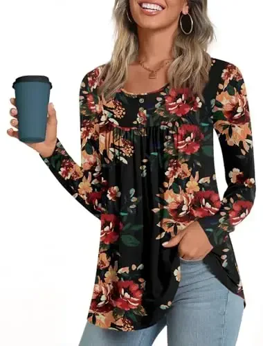 POPYOUNG Women's Long Sleeves Tunic Tops to Wear with Leggings Loose Fit Dressy Shirts Fall Casual Swing Blouse - 3