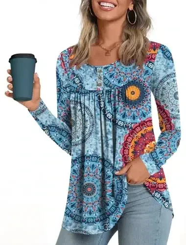 POPYOUNG Women's Long Sleeves Tunic Tops to Wear with Leggings Loose Fit Dressy Shirts Fall Casual Swing Blouse - 3