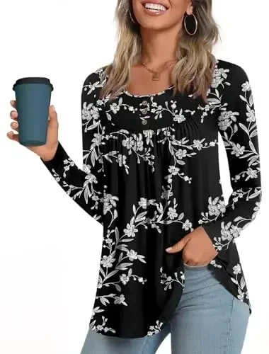 POPYOUNG Women's Long Sleeves Tunic Tops to Wear with Leggings Loose Fit Dressy Shirts Fall Casual Swing Blouse - 3