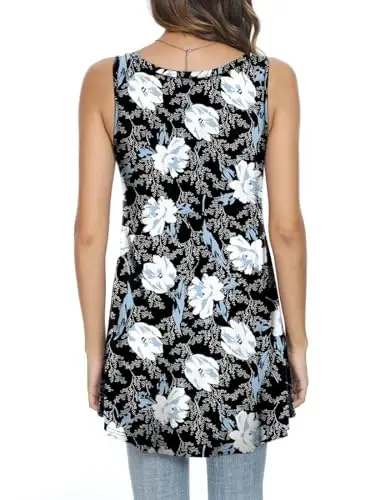 POPYOUNG Women's Long Tunic Tank to Wear with Leggings Summer V-Neck Sleeveless Tops Loose Shirts - 3