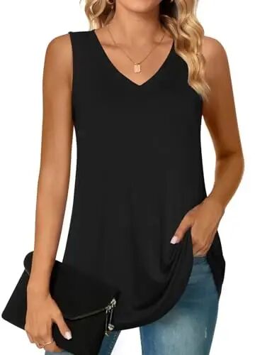 POPYOUNG Women's Long Tunic Tank to Wear with Leggings Summer V-Neck Sleeveless Tops Loose Shirts - POPYOUNG