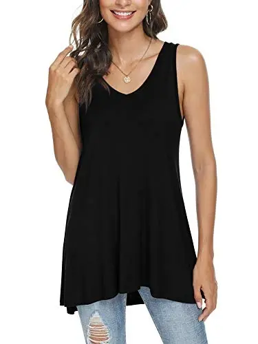 POPYOUNG Women's Long Tunic Tank to Wear with Leggings Summer V-Neck Sleeveless Tops Loose Shirts - 2