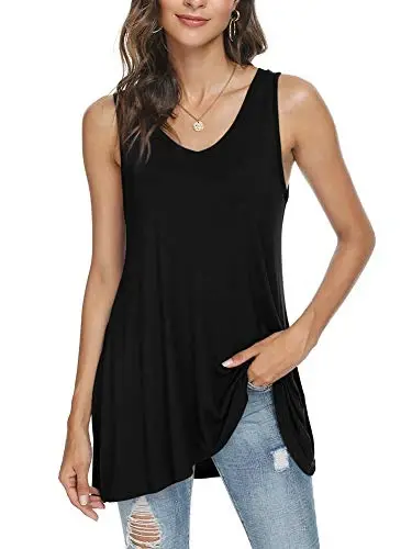 POPYOUNG Women's Long Tunic Tank to Wear with Leggings Summer V-Neck Sleeveless Tops Loose Shirts - 3