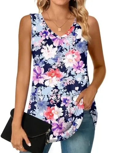 POPYOUNG Women's Long Tunic Tank to Wear with Leggings Summer V-Neck Sleeveless Tops Loose Shirts - 1