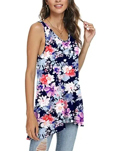 POPYOUNG Women's Long Tunic Tank to Wear with Leggings Summer V-Neck Sleeveless Tops Loose Shirts - POPYOUNG (1)