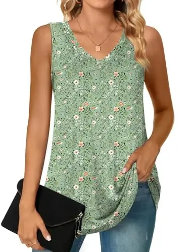 POPYOUNG Women's Long Tunic Tank to Wear with Leggings Summer V-Neck Sleeveless Tops Loose Shirts - 1
