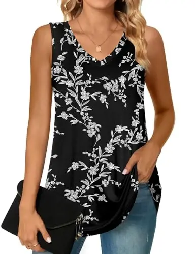 POPYOUNG Women's Long Tunic Tank to Wear with Leggings Summer V-Neck Sleeveless Tops Loose Shirts - 1