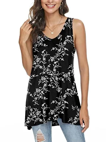 POPYOUNG Women's Long Tunic Tank to Wear with Leggings Summer V-Neck Sleeveless Tops Loose Shirts - POPYOUNG (1)