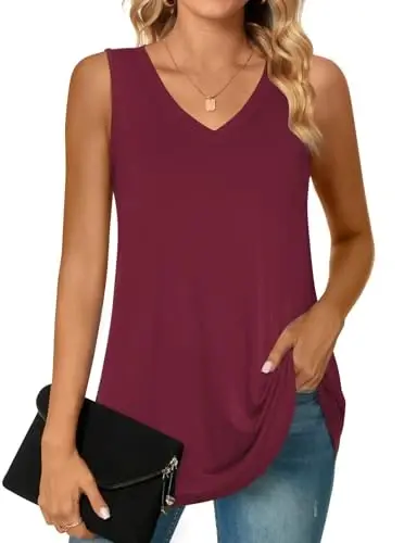 POPYOUNG Women's Long Tunic Tank to Wear with Leggings Summer V-Neck Sleeveless Tops Loose Shirts - 1