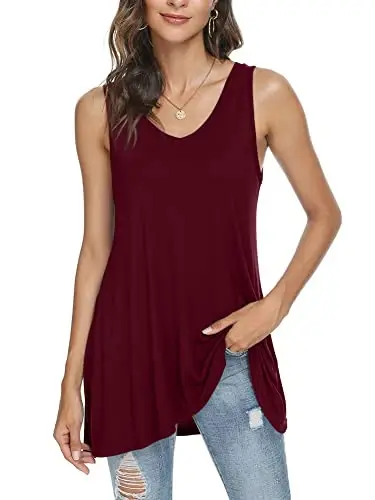 POPYOUNG Women's Long Tunic Tank to Wear with Leggings Summer V-Neck Sleeveless Tops Loose Shirts - POPYOUNG (1)