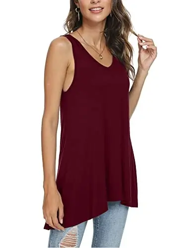POPYOUNG Women's Long Tunic Tank to Wear with Leggings Summer V-Neck Sleeveless Tops Loose Shirts - 3