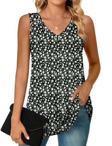 POPYOUNG Women's Long Tunic Tank to Wear with Leggings Summer V-Neck Sleeveless Tops Loose Shirts - 1
