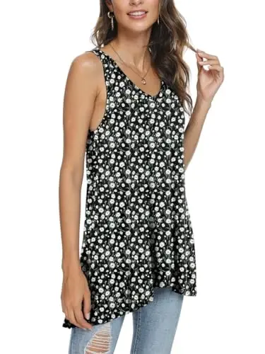 POPYOUNG Women's Long Tunic Tank to Wear with Leggings Summer V-Neck Sleeveless Tops Loose Shirts - 2