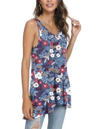 POPYOUNG Women's Long Tunic Tank to Wear with Leggings Summer V-Neck Sleeveless Tops Loose Shirts - POPYOUNG (1)