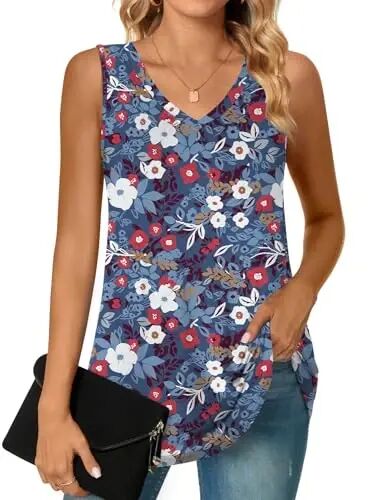 POPYOUNG Women's Long Tunic Tank to Wear with Leggings Summer V-Neck Sleeveless Tops Loose Shirts - POPYOUNG