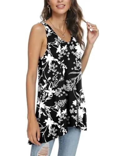 POPYOUNG Women's Long Tunic Tank to Wear with Leggings Summer V-Neck Sleeveless Tops Loose Shirts - POPYOUNG (1)