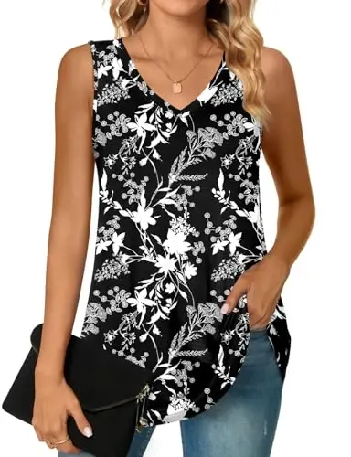 POPYOUNG Women's Long Tunic Tank to Wear with Leggings Summer V-Neck Sleeveless Tops Loose Shirts - 1