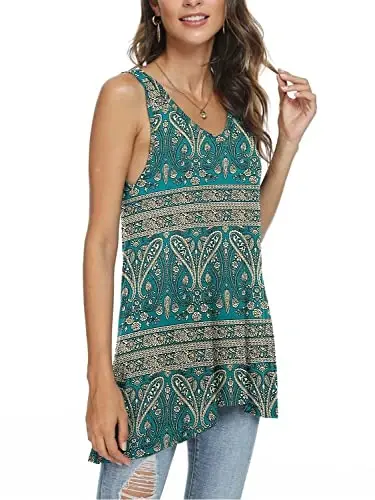 POPYOUNG Women's Long Tunic Tank to Wear with Leggings Summer V-Neck Sleeveless Tops Loose Shirts - POPYOUNG (1)