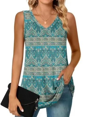 POPYOUNG Women's Long Tunic Tank to Wear with Leggings Summer V-Neck Sleeveless Tops Loose Shirts - 1