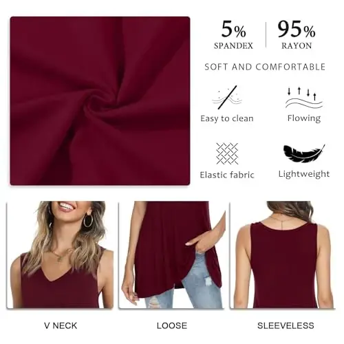 POPYOUNG Women's Long Tunic Tank to Wear with Leggings Summer V-Neck Sleeveless Tops Loose Shirts - 4