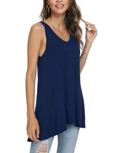 POPYOUNG Women's Long Tunic Tank to Wear with Leggings Summer V-Neck Sleeveless Tops Loose Shirts - POPYOUNG (1)