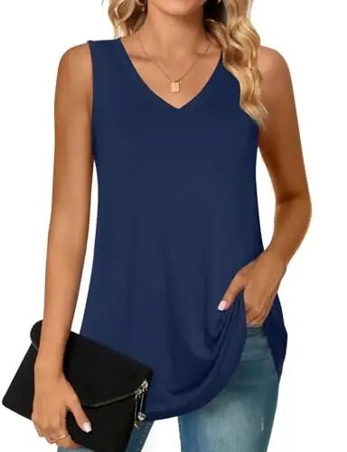 POPYOUNG Women's Long Tunic Tank to Wear with Leggings Summer V-Neck Sleeveless Tops Loose Shirts - POPYOUNG