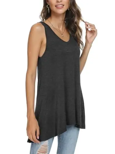 POPYOUNG Women's Long Tunic Tank to Wear with Leggings Summer V-Neck Sleeveless Tops Loose Shirts - POPYOUNG (1)