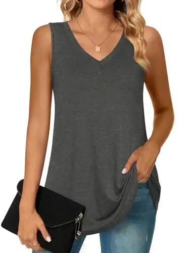 POPYOUNG Women's Long Tunic Tank to Wear with Leggings Summer V-Neck Sleeveless Tops Loose Shirts - POPYOUNG