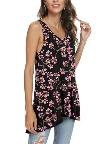 POPYOUNG Women's Long Tunic Tank to Wear with Leggings Summer V-Neck Sleeveless Tops Loose Shirts - POPYOUNG (1)