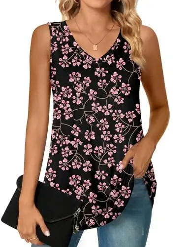 POPYOUNG Women's Long Tunic Tank to Wear with Leggings Summer V-Neck Sleeveless Tops Loose Shirts - 1