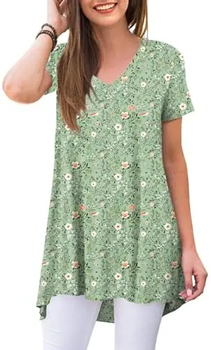 POPYOUNG Women's Long Tunic Tops to Wear with Leggings Summer Short Sleeve Loose Fit Dressy Shirts M-5XL - 1