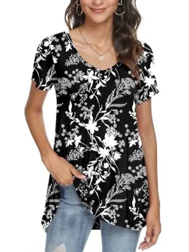 POPYOUNG Women's Long Tunic Tops to Wear with Leggings Summer Short Sleeve Loose Fit Dressy Shirts M-5XL - POPYOUNG (1)