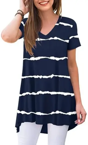 POPYoung Women's long Tunic Tops to Wear with Leggings Summer Short Sleeve Loose Fit Dressy Shirts M-5XL 
