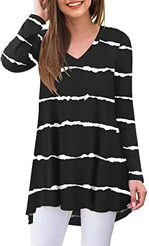 POPYOUNG Женские туники с длинным рукавом, осенние рубашки для ношения с леггинсами, свободная нарядная блузка с V-образным вырезом M-5XL - 1