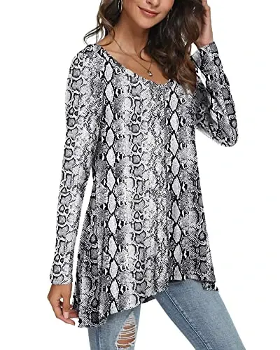 POPYOUNG Женские туники с длинным рукавом, осенние рубашки для ношения с леггинсами, свободные нарядные блузки с V-образным вырезом M-5XL - 2