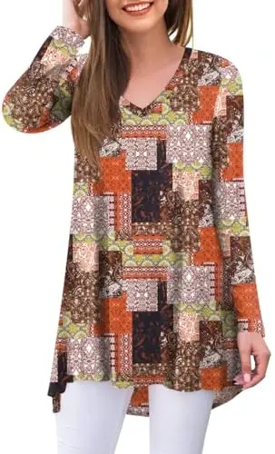 POPYOUNG Женские туники с длинным рукавом, осенние рубашки для ношения с леггинсами, свободные нарядные блузки с V-образным вырезом M-5XL - POPYOUNG