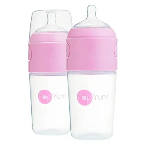 PopYum 9 oz Pink Anti-Colic Formula Making/Mixing/Dispenser Baby Bottles, 2-Pack with #2 Medium Flow Nipples, 260 ml, BPA-Free, Natural Latch - 1