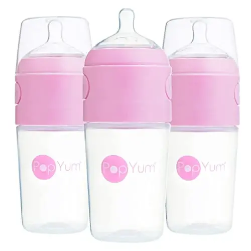 PopYum 9 oz Pink Anti-Colic Formula Making/Mixing/Dispenser Baby Bottles, 3-Pack with #2 Medium Flow Nipples, 260 ml, BPA-Free, Natural Latch - POPYUM