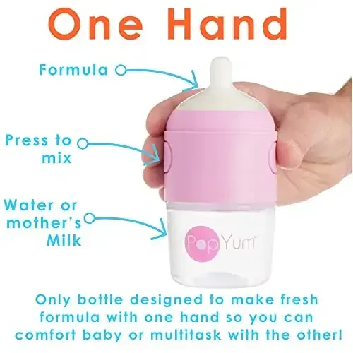 PopYum 5 oz Pink Anti-Colic Formula Making/Mixing/Dispenser Baby Bottles, 2-Pack with #1 Slow Flow Nipples, 150 ml, BPA-Free, Natural Latch - 2