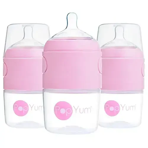 PopYum 5 oz Pink Anti-Colic Formula Making/Mixing/Dispenser Baby Bottles, 3-Pack with #1 Slow Flow Nipples, 150 ml, BPA-Free, Natural Latch 