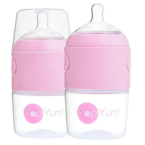 PopYum 5 oz Pushti Rangli Gazga Qarshi Aralashma Tayyorlash/Aralashtirish/Tarqatuvchi Bolalar Butilkalari, #1 Sekin Oqimli So'rg'ichli 2 dona, 150 ml, BPA-siz, Tabiiy Qulf - POPYUM