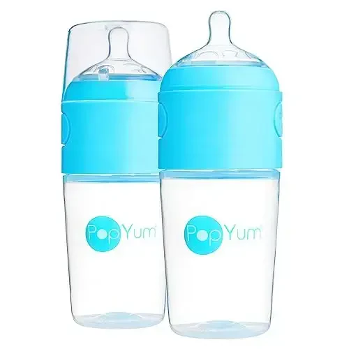 PopYum 9 oz Blue Anti-Colic Formula Making/Mixing/Dispenser Baby Bottles, 2-Pack with #2 Medium Flow Nipples, 260 ml, BPA-Free, Natural Latch 