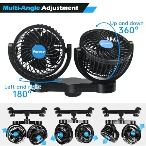 Poraxy Car Fan, Dual Head Car Fans for Backseat for Kids, Headrest 360 Degree Rotatable Back Seat Stepless Speed Vehicles Rear Seat 12V Cooling Air Fan for Sedan SUV RV - Poraxy