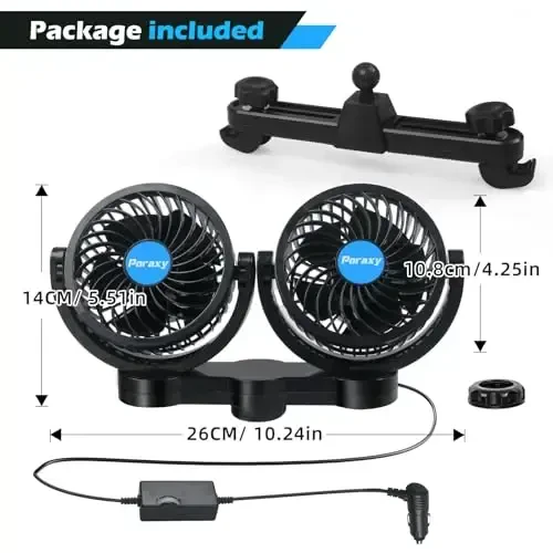 Poraxy Car Fan, 12V Cooling Fans for Backseat for Kids, Headrest 360 Degree Rotatable Dual Head Back Seat Fan Stepless Speed Vehicles Rear Seat Air Fan for Sedan SUV RV - 6