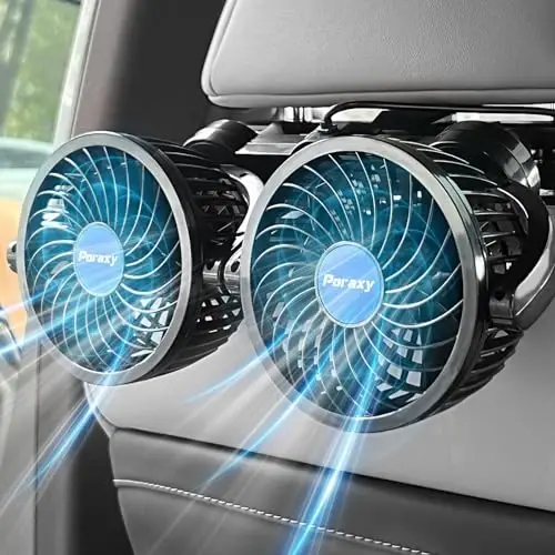 Poraxy Car Fan, 12V Cooling Fans for Backseat for Kids, Headrest 360 Degree Rotatable Dual Head Back Seat Fan Stepless Speed Vehicles Rear Seat Air Fan for Sedan SUV RV - PORAXY