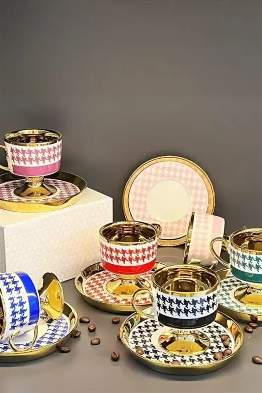 Porcelain 90 Cc 6-Piece Coffee Cup Set with Foot - Mixed - 3